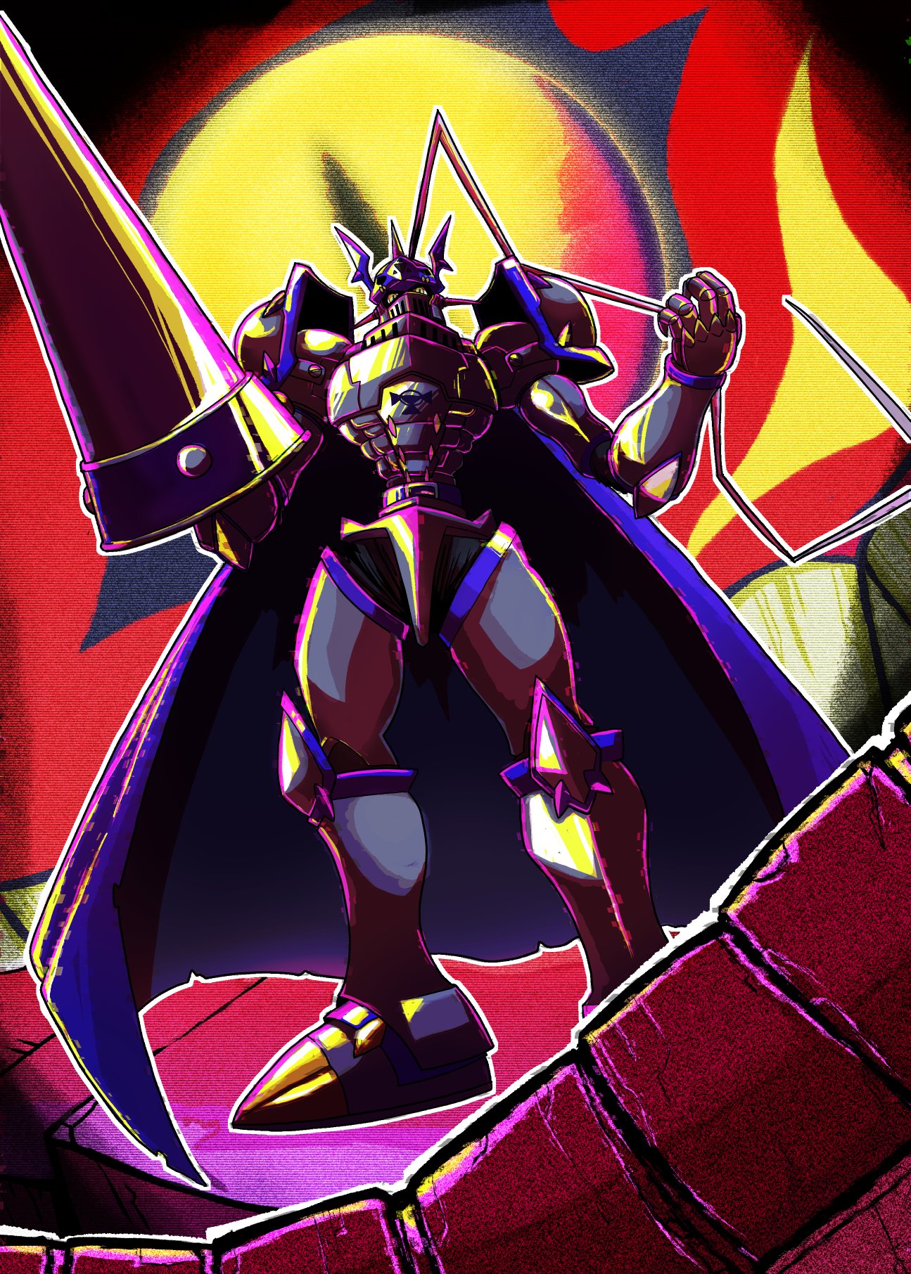 armor blue_cape cape chaosdukemon digimon digimon_(creature) full_body highres holding holding_polearm holding_weapon knight lance megidramon mekadouraku polearm slit_pupils solo_focus weapon yellow_eyes