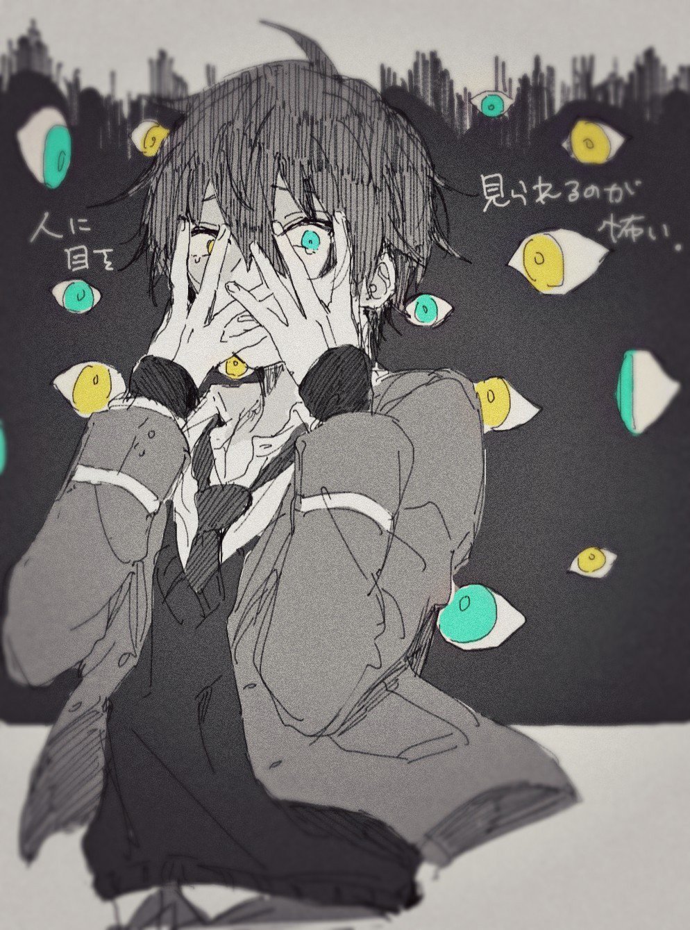 1boy black_sweater blazer blue_eyes collared_shirt commentary_request covering_face ensemble_stars! fingernails hair_between_eyes hands_up heterochromia highres jacket juma_(wolf81gizinka) kagehira_mika long_sleeves male_focus necktie open_clothes open_collar open_jacket school_uniform shirt short_hair solo sweater translation_request upper_body yellow_eyes yumenosaki_school_uniform