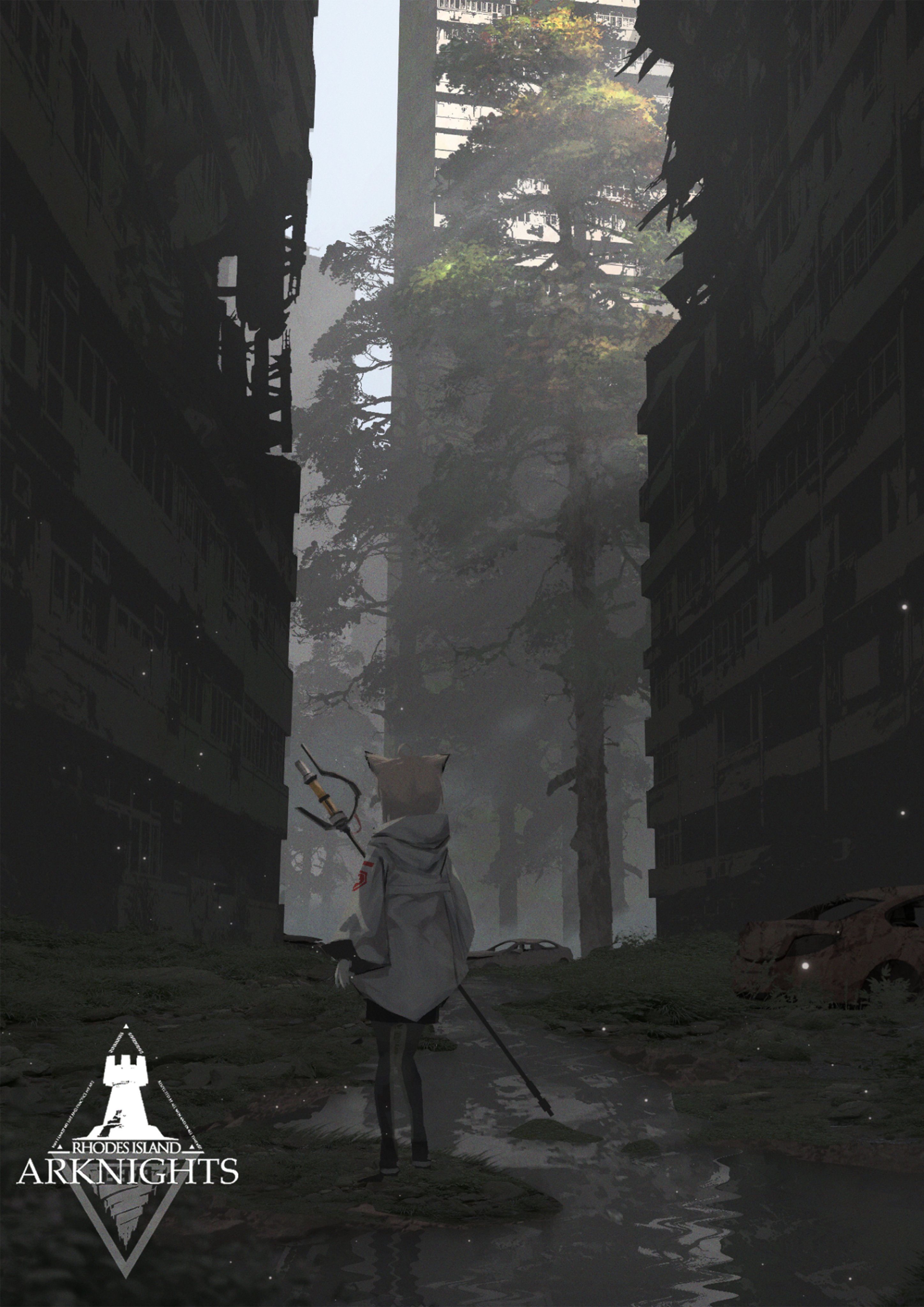 1girl absurdres after_rain animal_ears arknights black_pantyhose building car copyright_name damaged dark day fireflies fox_ears from_behind full_body gloves grey_hair highres holding holding_staff jacket long_sleeves motor_vehicle muted_color outdoors pantyhose post-apocalypse prezonya46 rhodes_island_logo_(arknights) ruins scenery skyscraper solo staff standing sussurro_(arknights) tree white_gloves white_jacket