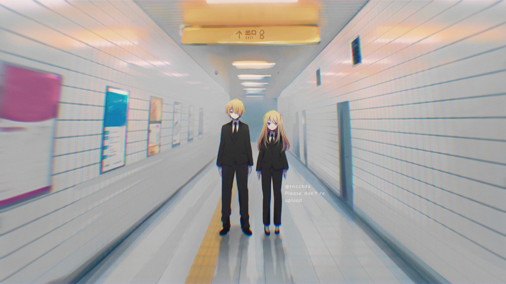 1boy 1girl black_footwear black_jacket black_necktie black_pants blonde_hair blue_eyes brother_and_sister collared_shirt english_text formal_clothes full_body highres hoshino_aquamarine hoshino_ruby indoors jacket necktie oshi_no_ko pants pink_eyes rncchds shirt short_hair siblings smile the_exit_8 tile_wall tiles white_shirt