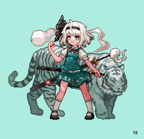 animal black_bow black_bowtie black_ribbon black_shoes bow bowtie green_eyes green_skirt hair_ribbon konpaku_youmu konpaku_youmu_(ghost) legs_apart lowres miniskirt pixel_art ribbon sheath sheathed shoes short_sleeves simple_background skirt skirt_set socks solo standing sword tassel terishe tiger touhou vest weapon white_hair white_socks white_tiger
