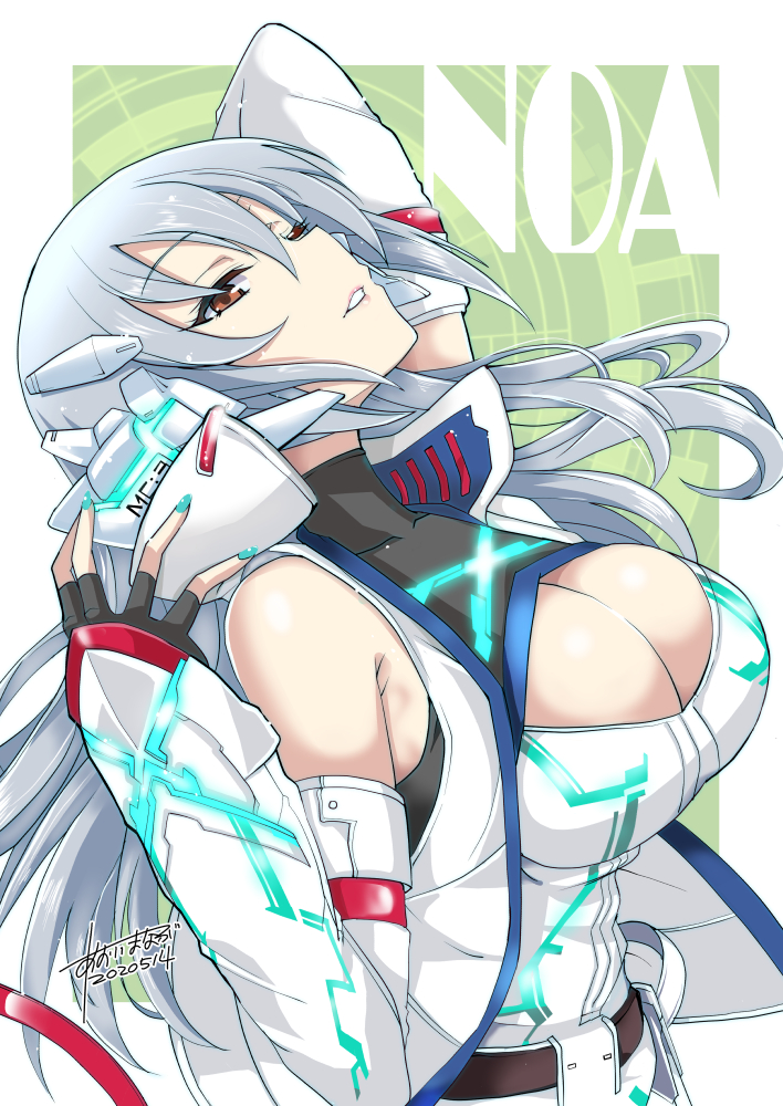 1girl aoi_manabu arm_behind_head bare_shoulders belt black_gloves blue_nails border breasts brown_belt brown_eyes character_name cleavage_cutout clothing_cutout commission dated detached_sleeves fingerless_gloves floating_hair from_side gloves green_background grey_hair hand_up headgear idolmaster idolmaster_cinderella_girls idolmaster_cinderella_girls_starlight_stage jacket large_breasts long_hair looking_at_another nail_polish open_clothes open_jacket outside_border parted_lips signature skeb_commission sleeveless sleeveless_jacket smile solo takamine_noa two-tone_shirt upper_body white_border white_jacket white_sleeves