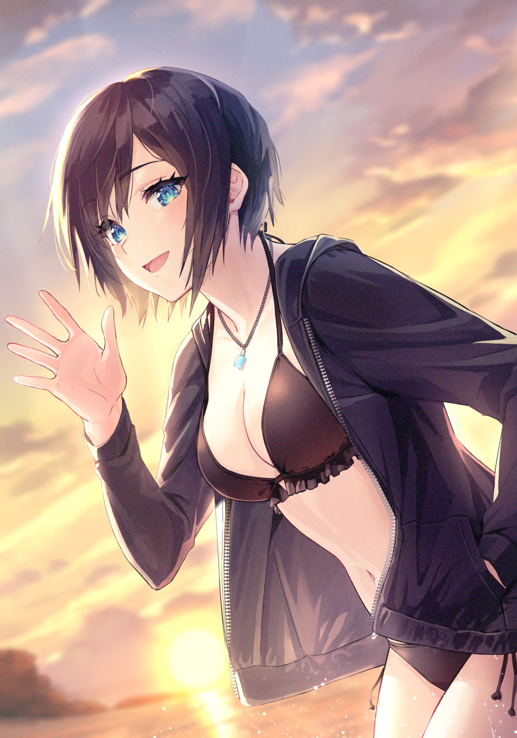 1girl beach bikini black_bikini black_hair breasts cleavage evening frilled_bikini frills gogo_(detteiu_de) halterneck hand_in_pocket highres hood hoodie kingdom_hearts kingdom_hearts_358/2_days midriff ocean open_clothes open_hoodie open_mouth short_hair side-tie_bikini_bottom smile standing sunset swimsuit waving xion_(kingdom_hearts)