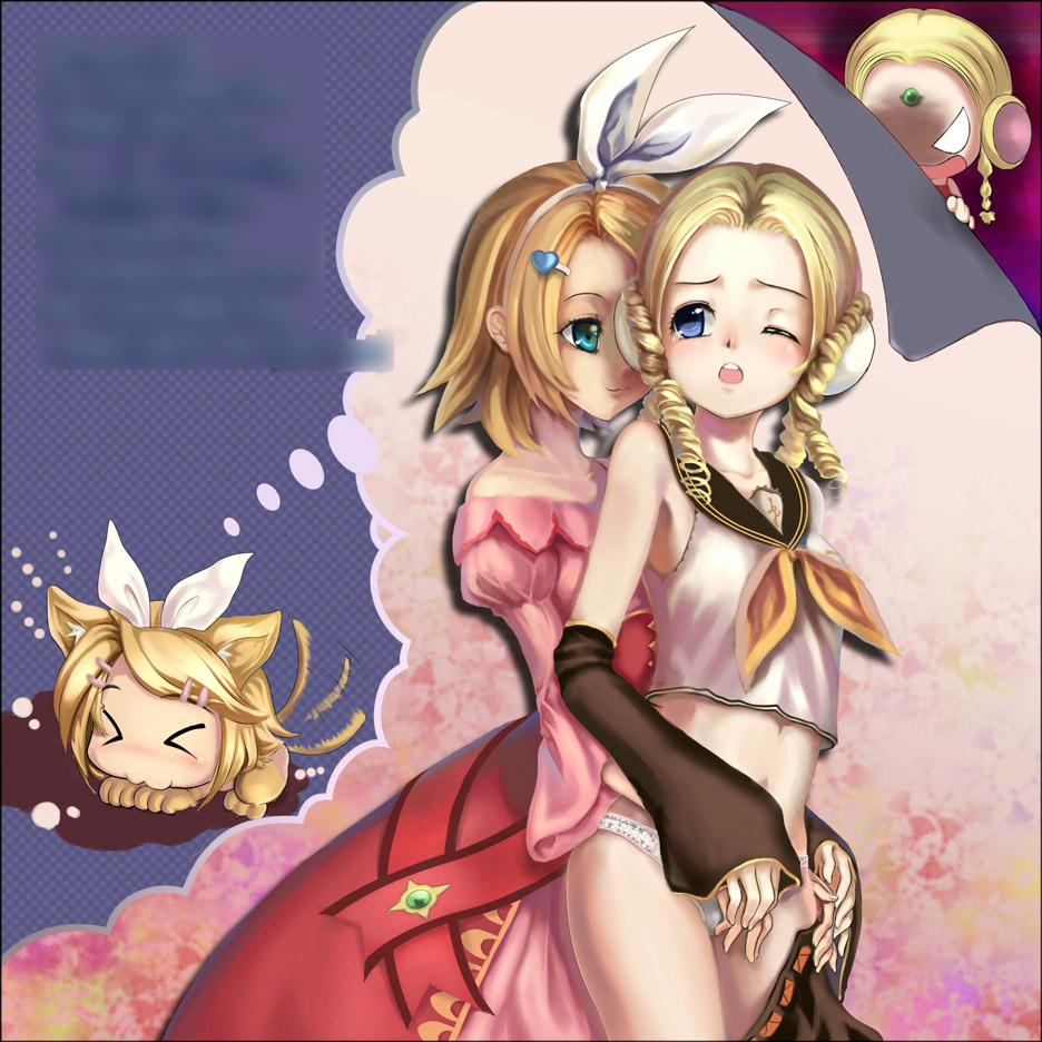 &gt;_&lt; 2girls :3 angry animal_ears banpresto blonde_hair blue_eyes cat_ears cat_tail cosplay costume_switch crossover dreaming closed_eyes female_pervert fingering imagining kagamine_rin kagamine_rin_(cosplay) kemonomimi_mode multiple_girls open_mouth panties pervert shine_hausen shine_hausen_(cosplay) st.microscope super_robot_wars tail underwear vocaloid x3 yuri