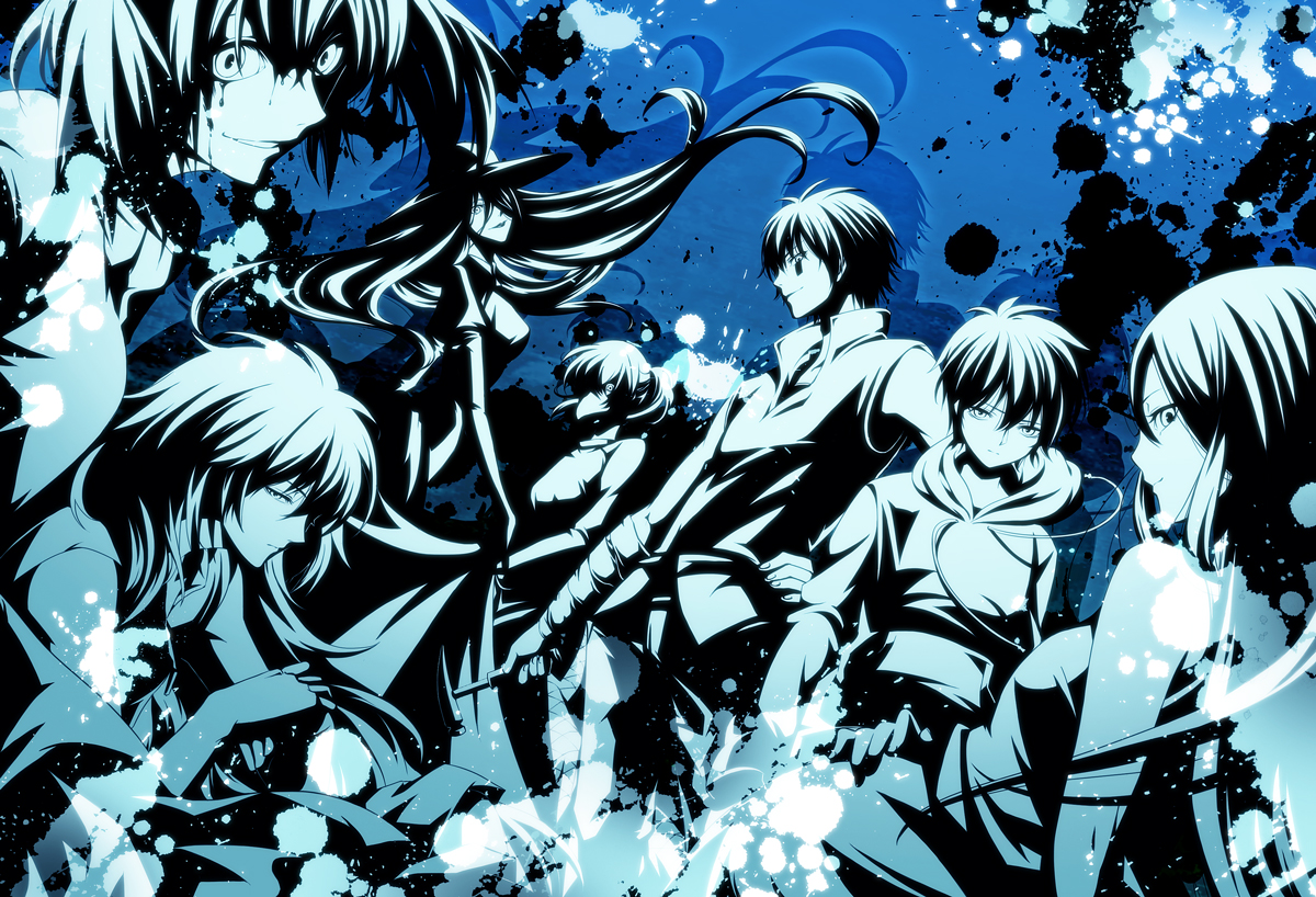 .flow bare_shoulders blood blood_on_face blood_splatter blue_theme crossover hood hoodie long_hair looking_at_viewer monochrome multiple_crossover olmatown ponytail shadow_lady_(yume_2kki) short_hair sidelocks smile_(.flow) toriningen yume_2kki yume_nikki