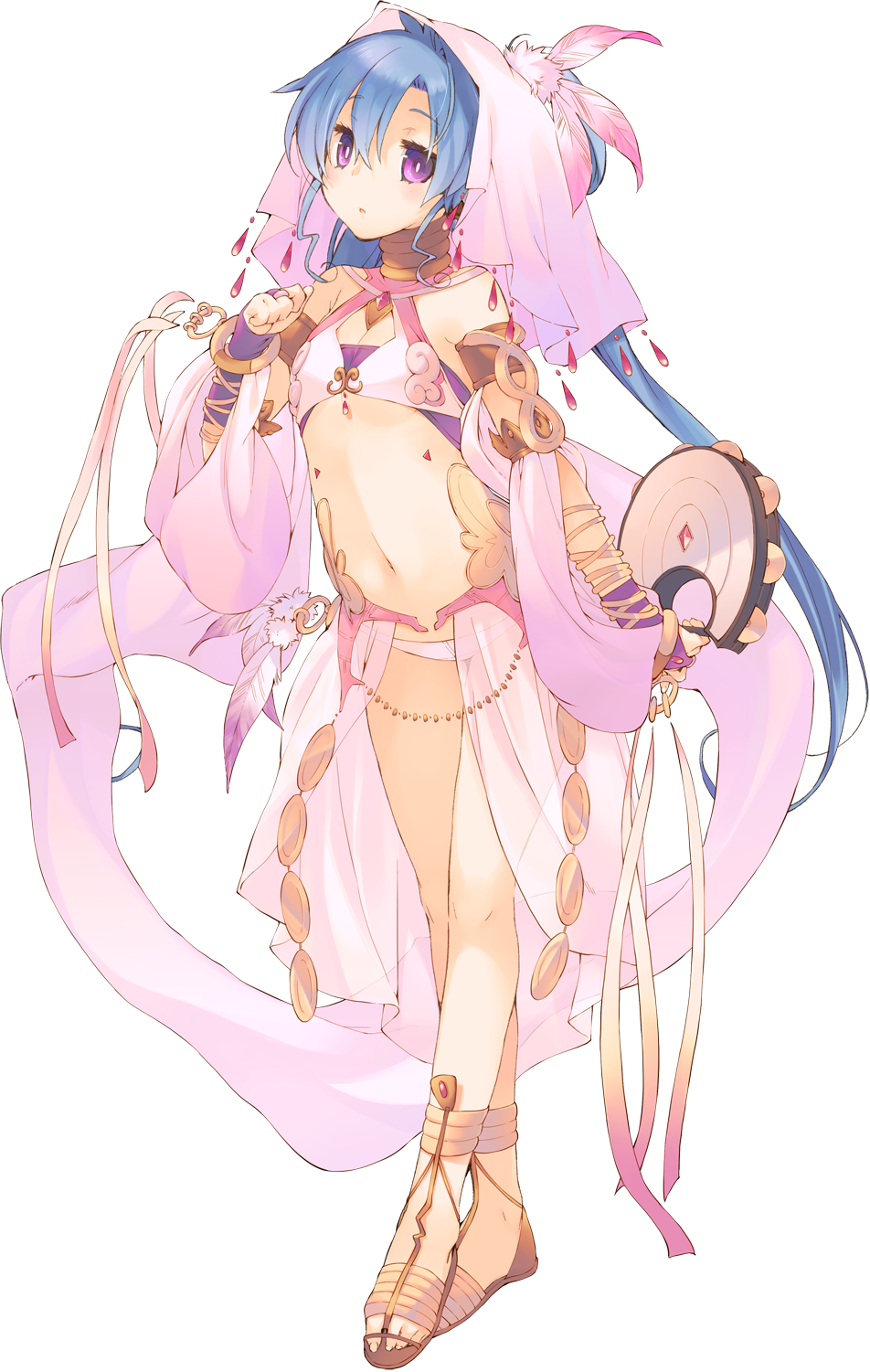 1girl amazuyu_tatsuki aquaplus bare_shoulders blue_hair dancer dungeon_travelers_2 earrings feathers female_focus flat_chest full_body highres holding instrument ist jewelry kokonoka looking_at_viewer navel panties purple_eyes revealing_clothes sandals solo standing tambourine transparent_background underwear veil