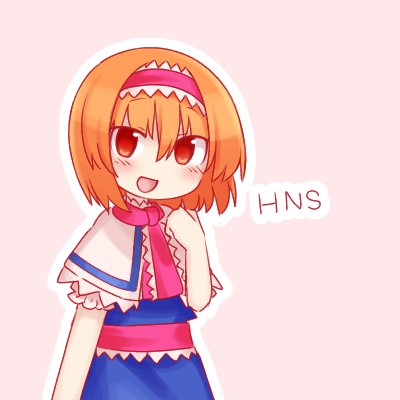 1girl :d alice_margatroid blue_dress blush character_name commentary_request cookie_(touhou) cowboy_shot dress frilled_hairband frilled_necktie frilled_sash frills hair_between_eyes hairband hand_up hinase_(cookie) looking_at_viewer lowres necktie nekocookie114 open_mouth orange_eyes orange_hair pink_background pink_hairband pink_necktie pink_sash sash short_hair simple_background smile solo touhou