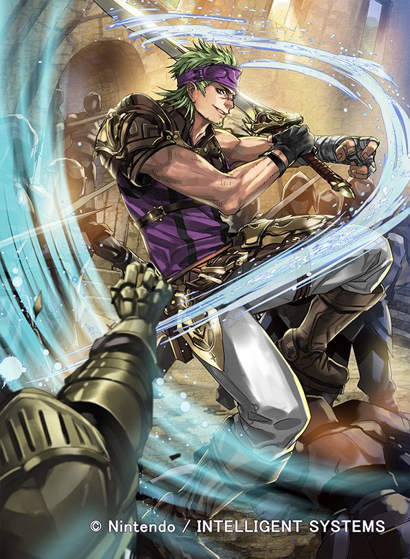 1boy 6+others beard boots company_name facial_hair fingerless_gloves fire_emblem fire_emblem:_the_sacred_stones fire_emblem_cipher gerik_(fire_emblem) gloves green_eyes green_hair headband helmet kuroba.k male_focus multiple_others muscular nintendo official_art scar solo_focus sword teeth weapon