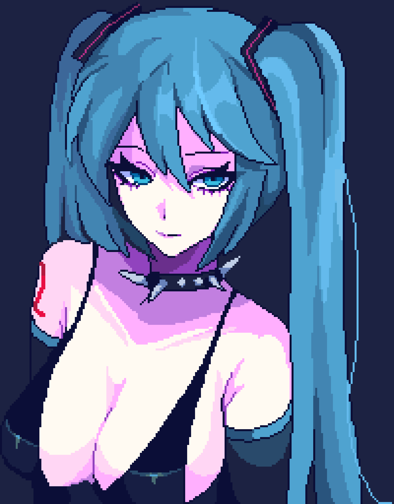 1girl alternate_costume aqua_eyes aqua_hair bare_shoulders black_choker black_dress black_sleeves breasts choker cleavage closed_mouth detached_sleeves dress eyelashes hair_between_eyes hair_ornament hatsune_miku highres large_breasts long_hair no_bra number_tattoo pixel_art pixelcadete simple_background sleeveless sleeveless_dress smile solo spiked_choker spikes tattoo twintails vocaloid