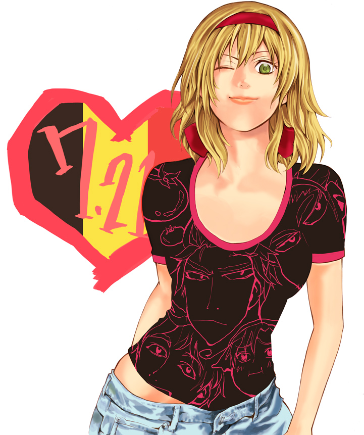 1girl arm_behind_back axis_powers_hetalia belgian_flag belgium_(hetalia) black_shirt blonde_hair collarbone crop_top denim green_eyes hair_ribbon headband heart jeans lips looking_at_viewer obata_takeshi_(style) one_eye_closed pants print_shirt red_headband ribbon rukaze_hiroyu shirt short_hair short_sleeves solo white_background