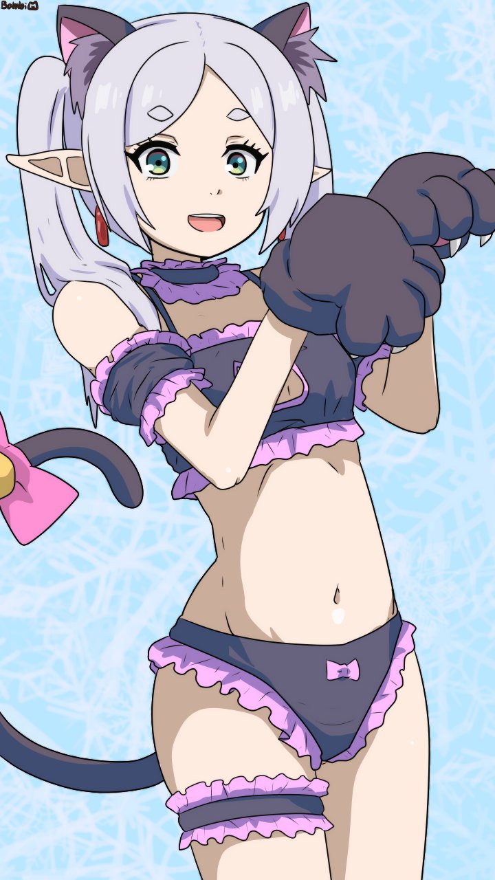 1girl animal_hands arm_strap bambi2000line bell black_bra black_choker black_panties bow bow_panties bra cat_cutout cat_lingerie choker cleavage_cutout clothing_cutout commentary_request cosplay cowboy_shot earrings elf flat_chest frieren frilled_bra frilled_choker frilled_panties frills gloves green_eyes grey_hair highres jewelry jingle_bell meme_attire navel onii-chan_wa_oshimai! open_mouth oyama_mahiro oyama_mahiro_(cosplay) panties paw_gloves petite pointy_ears short_eyebrows signature smile solo sousou_no_frieren tail tail_bell tail_bow tail_ornament teardrop_earrings thigh_strap twintails underwear