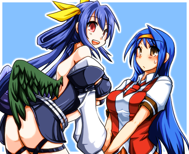 2girls angel_wings arcana_heart ass asymmetrical_wings bare_shoulders blue_background blue_hair blush breasts brown_eyes crossover dizzy_(guilty_gear) hair_ribbon headband holding_hands long_hair looking_at_viewer looking_back m.u.g.e.n misono_gakuen_school_uniform multiple_girls necktie orange_headband red_eyes red_necktie red_vest ribbon ryuuri_(aoithigo) school_uniform smile sweatdrop tail tsuzura_saki very_long_hair vest wings yellow_ribbon