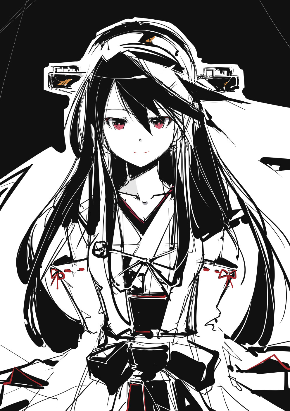1girl black_hair haruna_(kancolle) headgear highres japanese_clothes kantai_collection long_hair looking_at_viewer red_eyes smile yoto_(rinlin2)