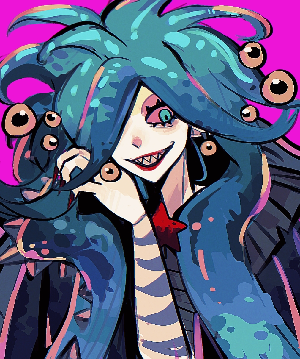 1girl blue_eyes blue_hair chinese_commentary colored_sclera commentary_request eyeball_earrings eyelashes grin hades_(series) hades_2 hair_over_one_eye hand_up highres long_hair mao_mao_lai_lou pink_background pink_sclera red_lips red_nails scylla_(hades) sharp_teeth simple_background smile solo teeth upper_body