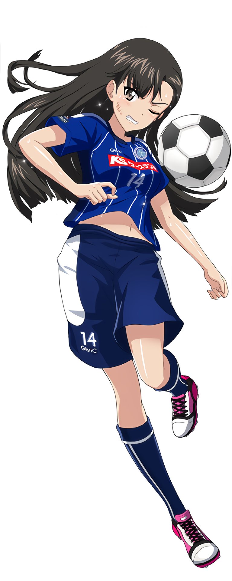 10s 1girl ball black_hair blue_shorts blue_socks blush brown_eyes cleats clenched_teeth clothes_writing emblem female_focus full_body girls_und_panzer girls_und_panzer_senshadou_daisakusen! highres j._league jersey kneehighs leg_up long_hair mito_hollyhock navel nishi_kinuyo one_eye_closed parted_lips pink_shoes shiny_skin shoes short_sleeves shorts simple_background soccer soccer_ball soccer_uniform socks solo sportswear stomach teeth transparent_background waifu2x white_background