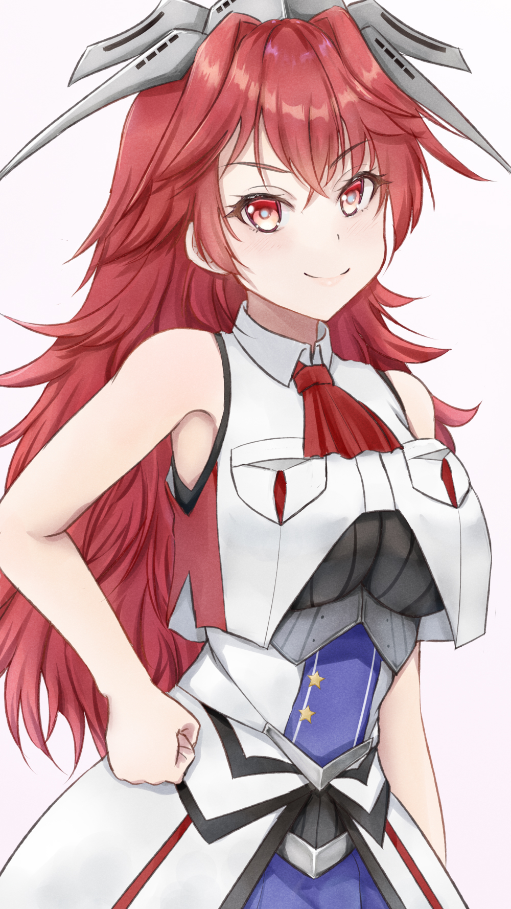 1girl ascot blue_skirt breast_pocket breasts cowboy_shot hand_on_own_hip headgear highres kantai_collection koru_pera large_breasts long_hair looking_at_viewer messy_hair military_uniform phoenix_(kancolle) pocket red_ascot red_eyes red_hair simple_background skirt sleeveless sleeveless_jacket solo white_background white_overskirt