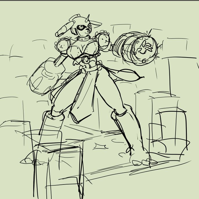 1girl digimon digimon_(creature) female_focus gatling_gun genderswap genderswap_(mtf) horns saintgalgomon sketch solo
