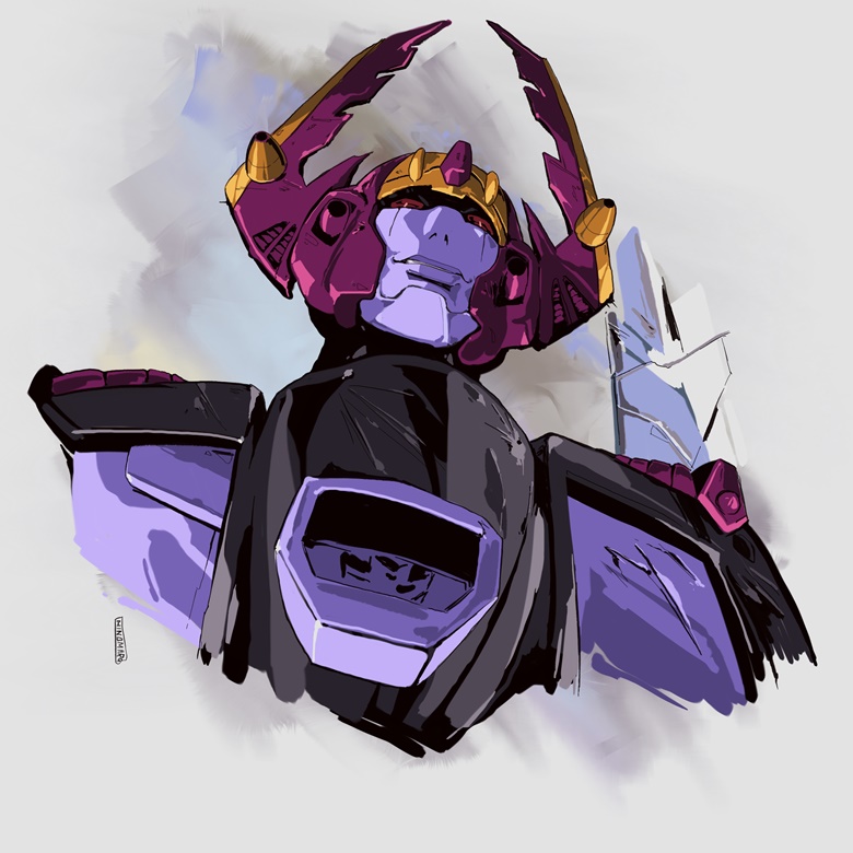 commentary decepticon english_commentary from_below galvatron grey_background hinomars19 horns looking_up mecha no_humans red_eyes robot smirk solo transformers transformers_armada transformers_unicron_trilogy