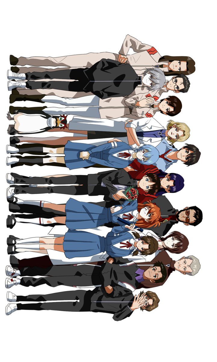 6+boys 6+girls aida_kensuke akagi_ritsuko aoba_shigeru ayanami_rei beard blonde_hair blue_hair breasts brown_hair crossed_arms facial_hair flower full_body fuyutsuki_kouzou glasses hair_ornament hairclip highres horaki_hikari hyuuga_makoto ibuki_maya ikari_gendou ikari_shinji ikari_yui jacket kaji_ryouji katsuragi_misato lab_coat long_hair looking_at_viewer multiple_boys multiple_girls nagisa_kaworu neon_genesis_evangelion one_eye_closed penpen purple_hair red_eyes school_uniform skirt smile souryuu_asuka_langley standing suzuhara_touji track_suit twintails wink