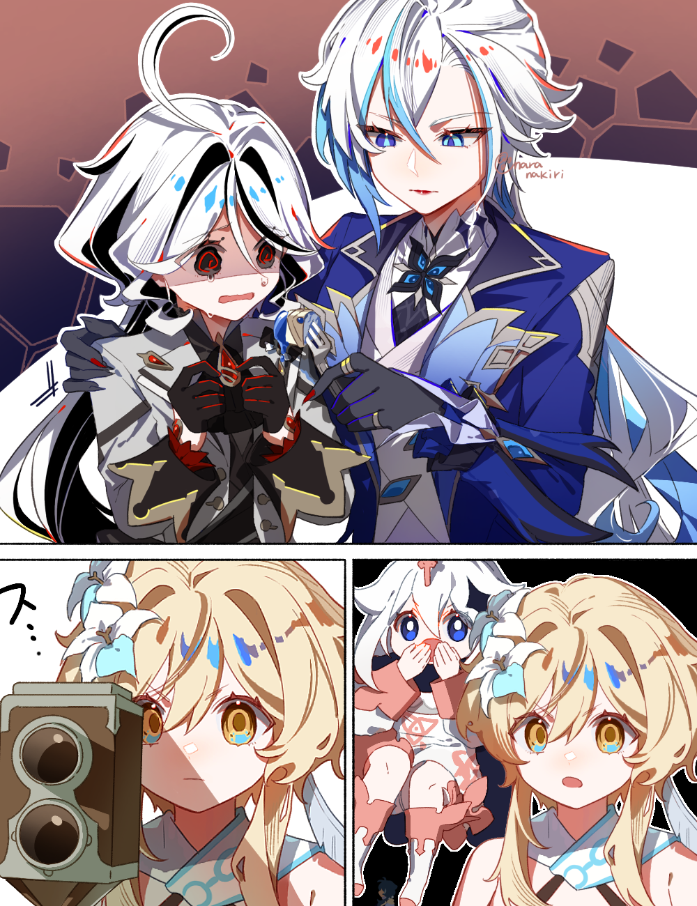 4girls @_@ ahoge arlecchino_(genshin_impact) black_eyes black_gloves blue_eyes cake cake_slice camera cosplay costume_switch eye_color_switch feeding food fork furina_(genshin_impact) genshin_impact gloves grabbing_another&#039;s_shoulder hair_intakes highres jewelry long_hair long_sleeves lumine_(genshin_impact) multicolored_hair multiple_girls nara_nakiri paimon_(genshin_impact) streaked_hair surprised tearing_up vest white_hair