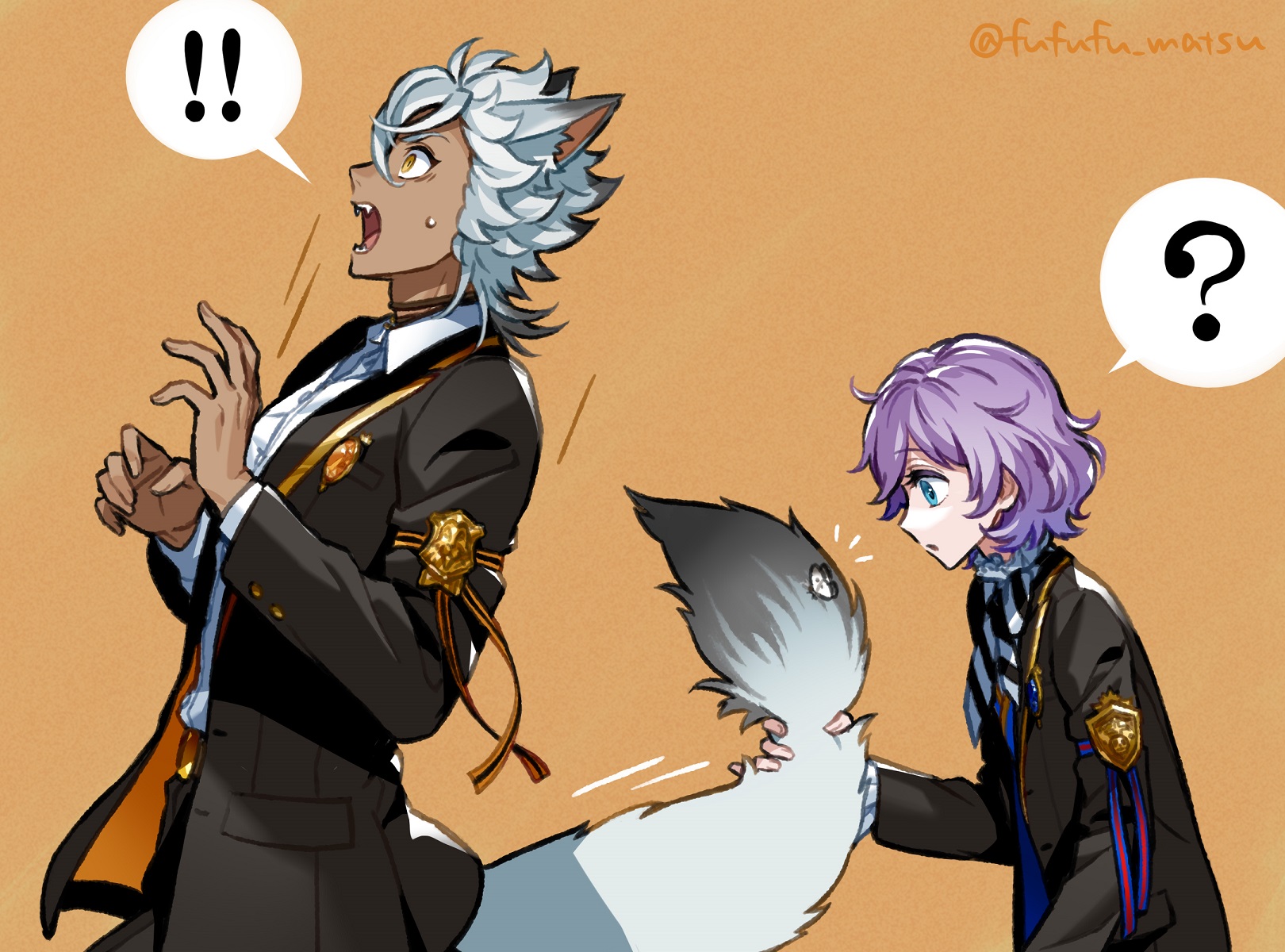 2boys animal_ears blue_eyes commentary_request dark-skinned_male dark_skin epel_felmier fangs funuyu grabbing_another's_tail highres jack_howl looking_to_the_side male_focus multiple_boys night_raven_college_uniform orange_background purple_hair school_uniform short_hair simple_background tail tail_grab twisted_wonderland white_hair wolf_boy wolf_ears wolf_tail yellow_eyes
