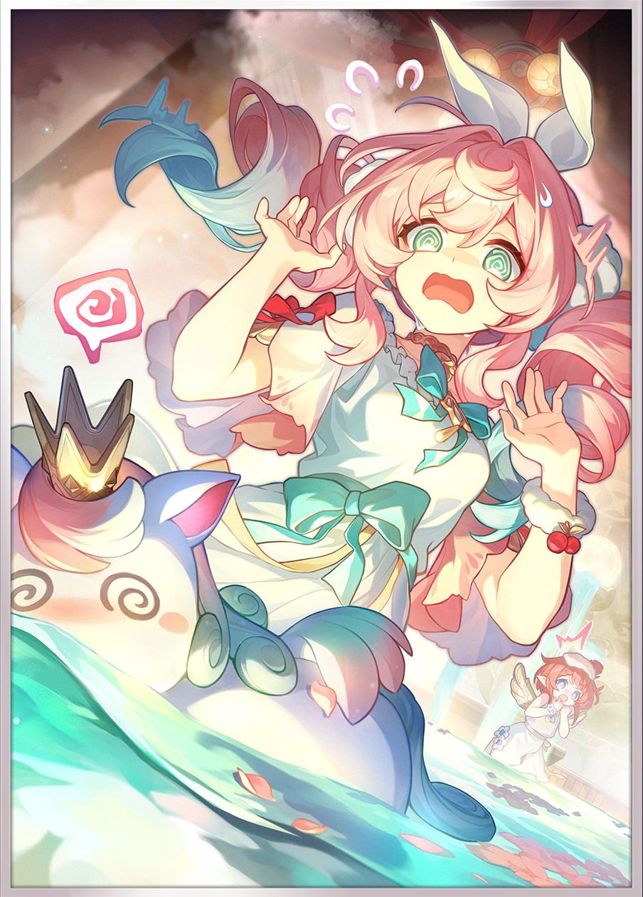 1other 2girls :o @_@ angel_wings aqua_bow aqua_eyes aqua_hair arms_up bath blue_eyes bow choker crown dress dutch_angle flying_sweatdrops gradient_hair green_sash hair_bow hair_intakes highres honkai:_star_rail honkai_(series) hyacine_(honkai:_star_rail) little_ica_(honkai:_star_rail) long_hair looking_down mini_crown multicolored_hair multiple_girls official_art one_side_up partially_submerged petals pink_hair pointy_ears pom_pom_(clothes) red_hair red_ribbon ribbon rose_petals sash scrunchie short_hair speech_bubble steam surprised third-party_source towel towel_on_head tribbie_(honkai:_star_rail) twintails two-tone_hair unicorn wavy_mouth white_bow white_dress wings wrist_scrunchie