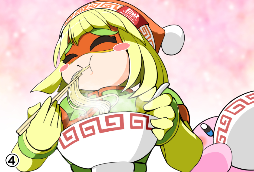 1girl arms_(game) beanie blonde_hair bowl chopsticks eating food furumoto_yuuya green_eyes hat kirby kirby_(series) min_min_(arms) nintendo noodles orange_hair ramen