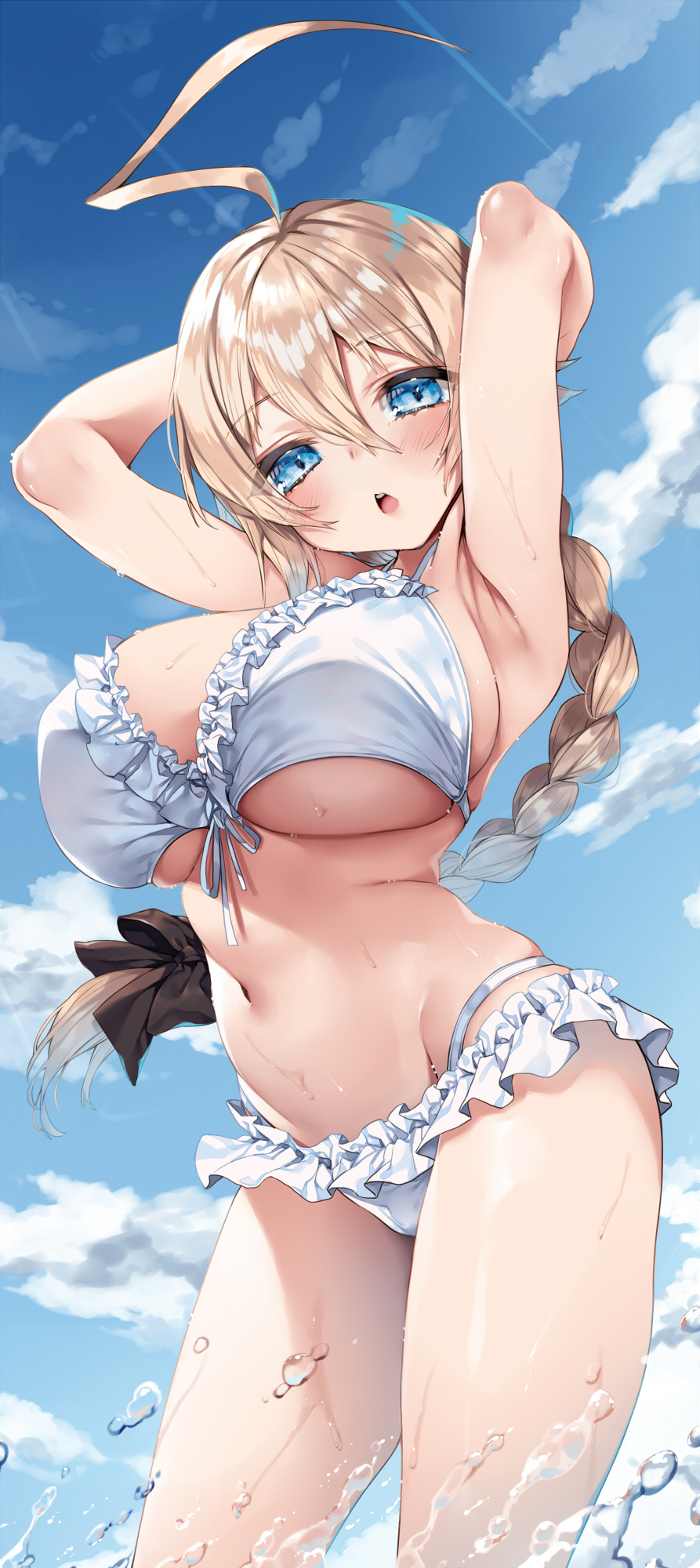 1girl ahoge armpits arms_behind_head arms_up bikini blazblue blouse blue_eyes blush braid breasts es_(xblaze) frilled_bikini frills highres hime_gyo huge_ahoge huge_breasts large_breasts light_brown_hair long_hair looking_at_viewer navel open_mouth shirt single_braid solo standing swimsuit water wet