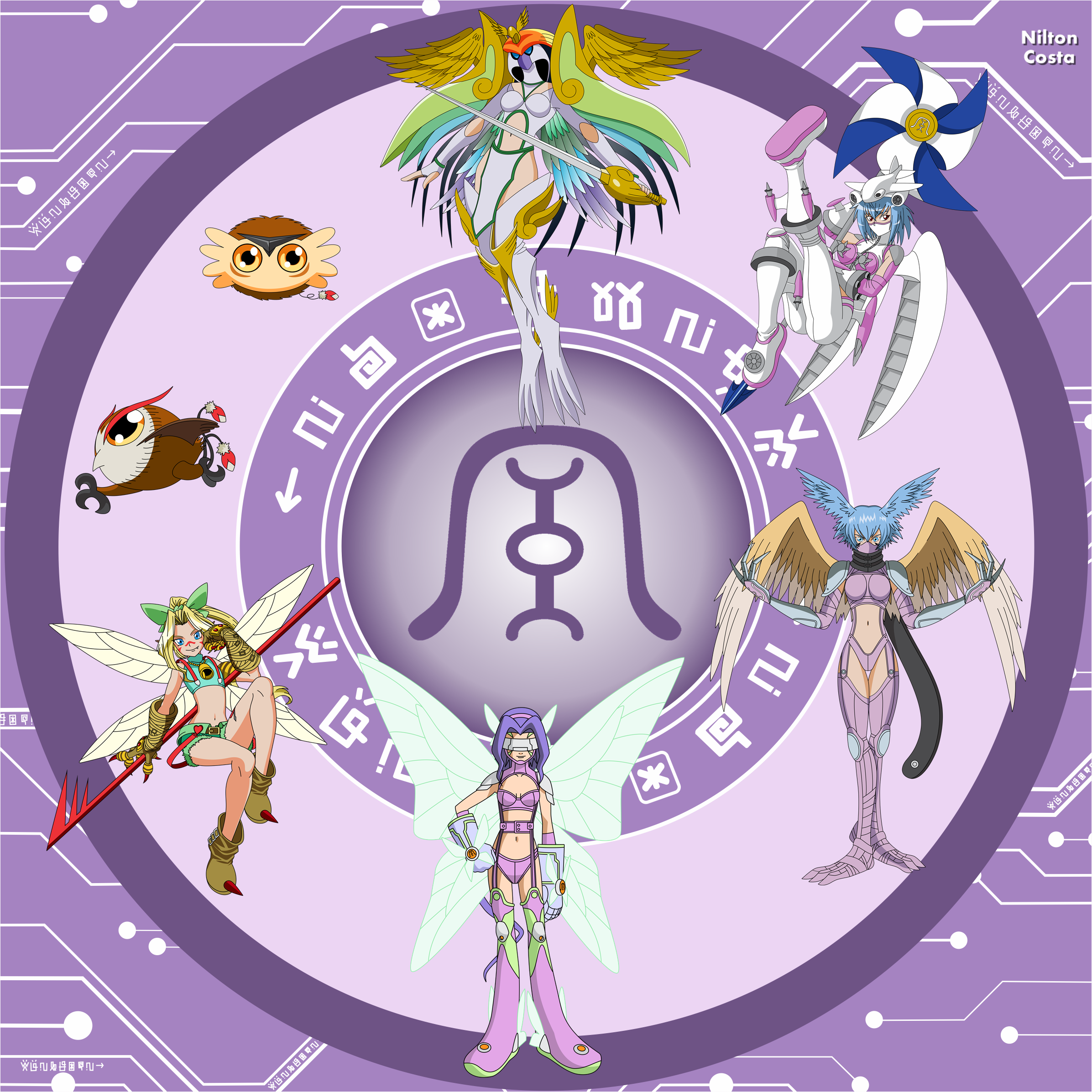 aircraft airplane ancientirismon armor digimon digimon_(creature) digimon_frontier fairimon gloves head_wings highres jetsilphymon long_hair mask pinamon puwamon short_hair shutumon tinkermon wings