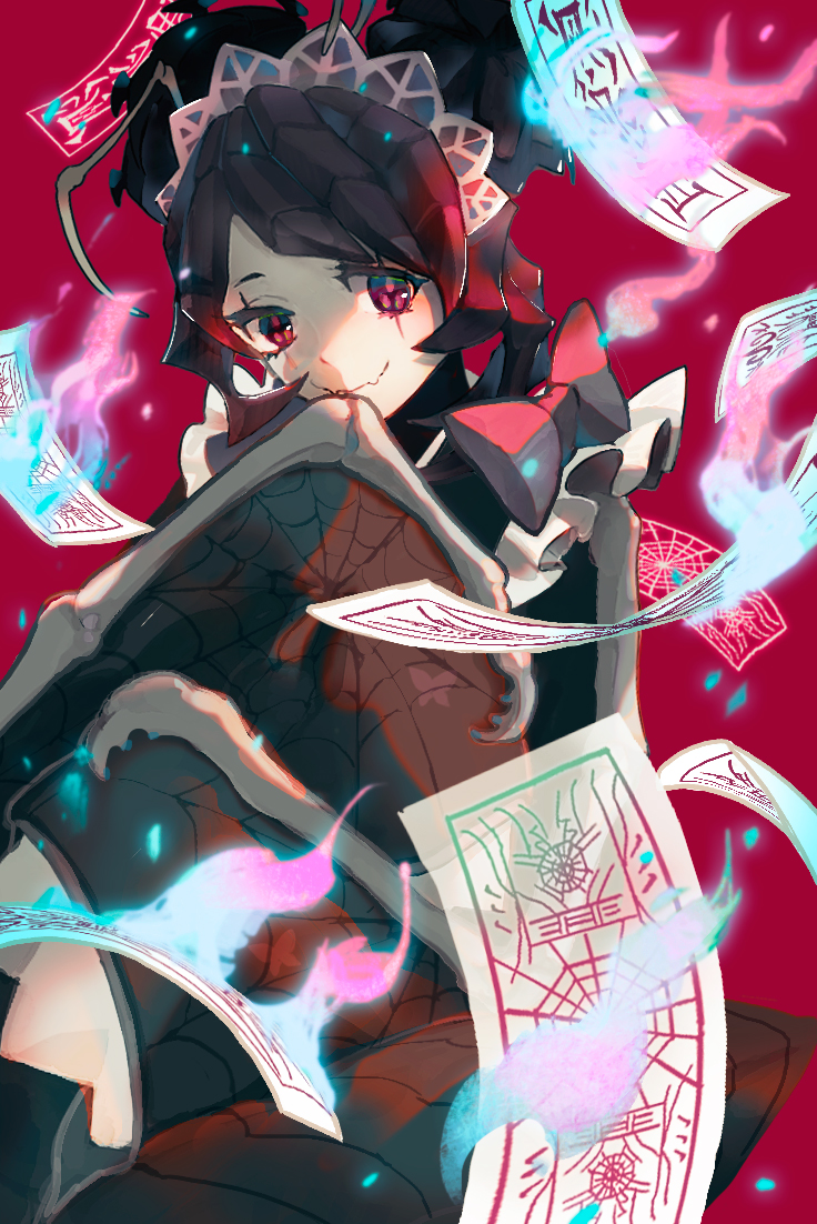 1girl antenna_hair arthropod_girl entoma_vasilissa_zeta fire horocca japanese_clothes long_hair looking_at_viewer ofuda overlord_(maruyama) pink_hair sleeves_past_wrists solo very_long_hair