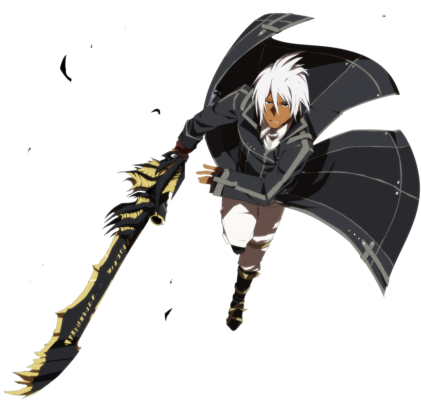 1boy black_coat boots brown_boots brown_pants clenched_teeth coat dark-skinned_male dark_skin debris dress_shirt facing_viewer grey_eyes gurast highres holding holding_sword holding_weapon incoming_attack jacket knee_up looking_at_viewer male_focus mature_male military_jacket original pants popped_collar running running_towards_viewer shirt sleeves_past_wrists sword teeth trench_coat weapon white_background white_hair white_shirt wind