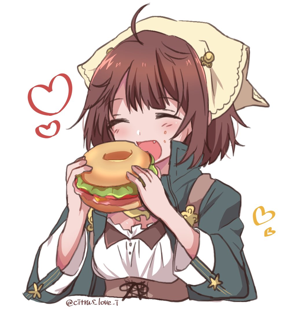 1girl :d ^_^ atelier_(series) atelier_sophie bagel_sandwich brown_hair closed_eyes commentary cropped_torso eating facing_viewer fang food food_on_face hands_up haruna_(citrus_love_i) headscarf holding holding_food long_sleeves open_mouth short_hair simple_background smile solo sophie_neuenmuller upper_body white_background yellow_headscarf