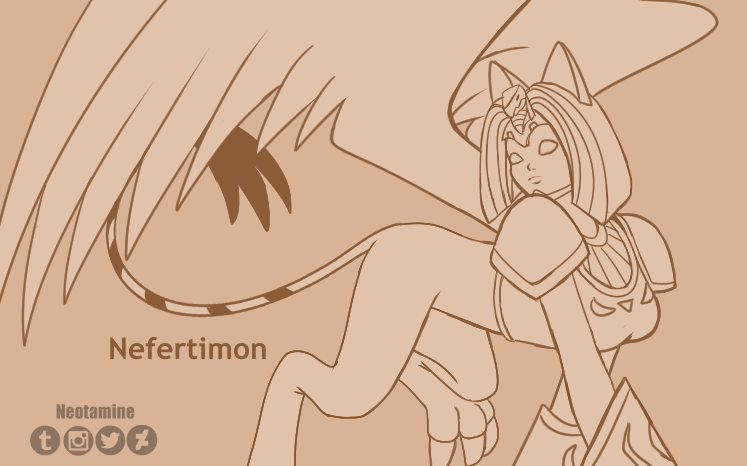 armor cat cat_tail chest_plate claws digimon digimon_(creature) digimon_adventure_02 looking_over_shoulder nefertimon shoulder_armor tail tan_background wings