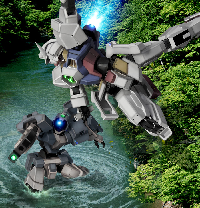 assault_visor battle blue_visor commentary_request energy_gun genoace gun gundam gundam_age gundam_age-1 gundam_age-1_normal hiropon_(tasogare_no_puu) holding holding_gun holding_weapon humanoid_robot mecha mecha_focus mobile_suit no_humans outdoors river robot science_fiction v-fin wading weapon