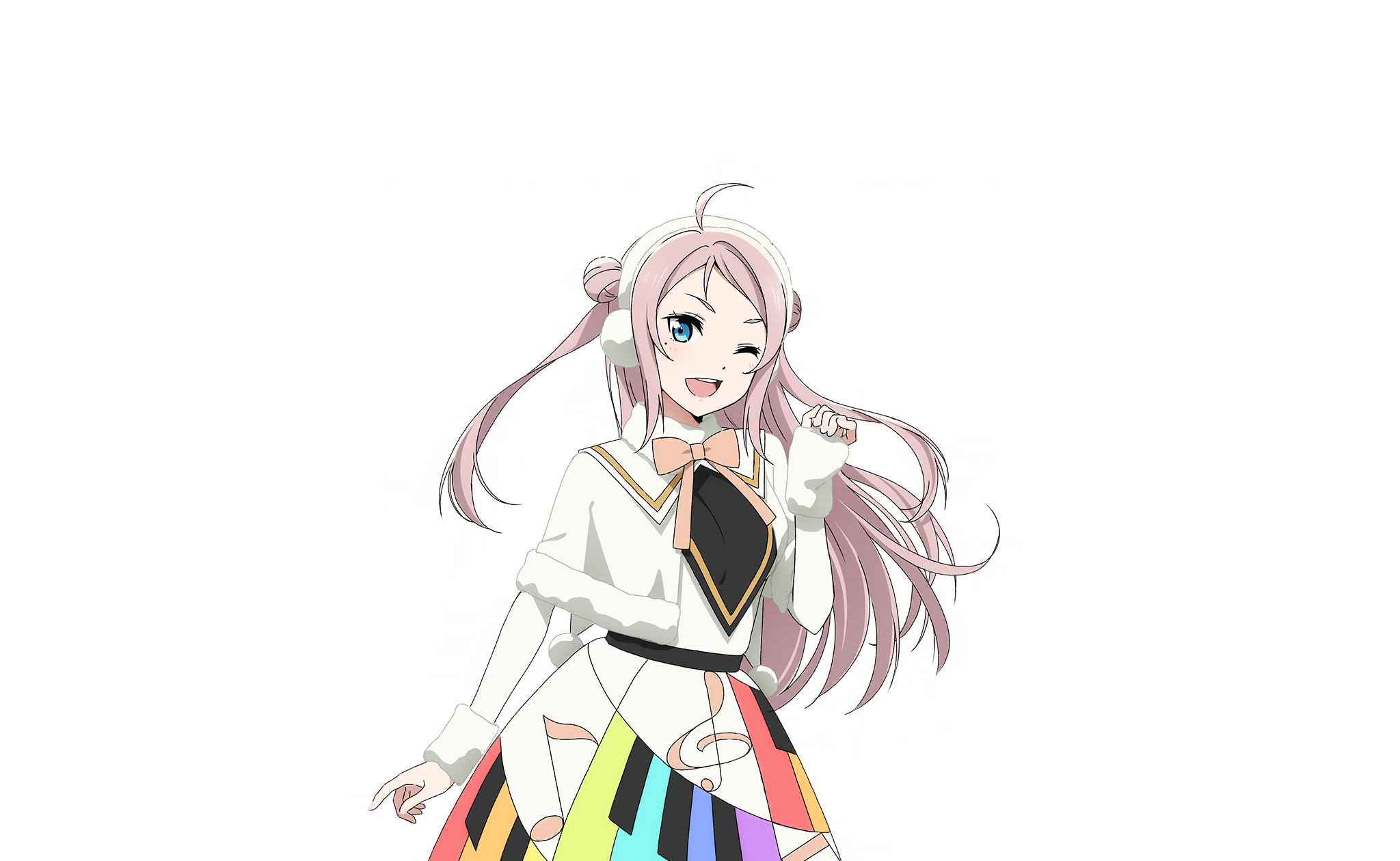 1girl ;d ahoge blue_eyes blush bow capelet colorful_dreams!_colorful_smiles!_(love_live!) cowboy_shot double_bun dress earmuffs fur-trimmed_capelet fur-trimmed_collar fur_trim hair_bun hand_up highres long_hair long_sleeves looking_at_viewer love_live! love_live!_nijigasaki_high_school_idol_club love_live!_school_idol_festival_2 mole mole_under_eye musical_note musical_note_print neck_ribbon official_art one_eye_closed open_mouth piano_print pink_bow pink_hair rainbow_print rainbow_skirt ribbon sidelocks smile solo teeth transparent_background two_side_up upper_teeth_only white_capelet white_dress zhong_lanzhu