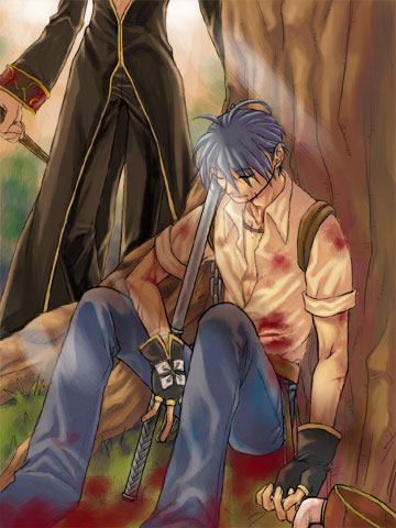 2boys black_coat black_gloves black_pants blacksmith_(ragnarok_online) blood blood_on_clothes blue_hair blue_pants closed_eyes closed_mouth coat commentary_request fingerless_gloves full_body gloves head_out_of_frame itsuru lowres male_focus multiple_boys pants priest_(ragnarok_online) ragnarok_online shirt short_hair short_sleeves sitting smile solo_focus tree under_tree white_shirt