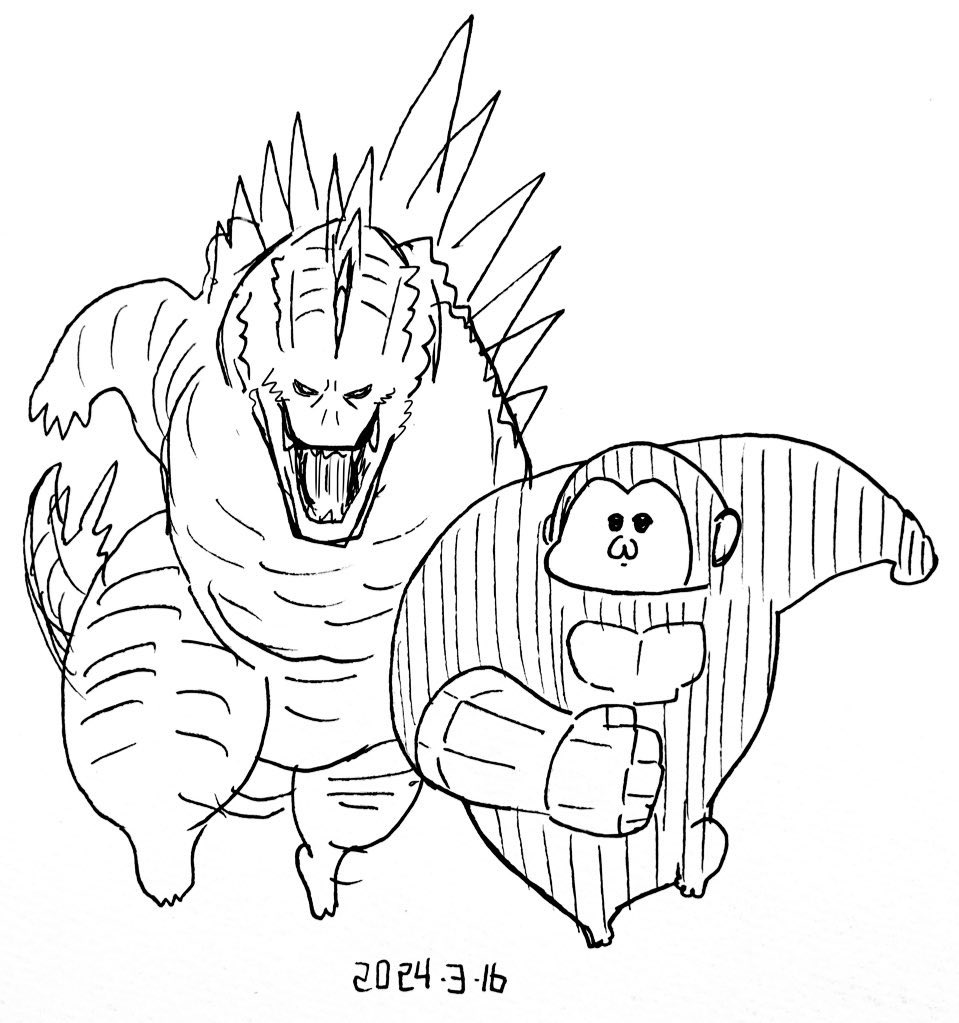 2024 2boys :3 chibi clenched_hands crossover dated giant giant_monster godzilla godzilla_(series) godzilla_and_kong_running_(meme) godzilla_x_kong:_the_new_empire gorilla kaiju king_kong king_kong_(series) koutarosu legendary_pictures meme meme_attire monster monsterverse multiple_boys muscular no_humans parody running sharp_teeth spikes tail teeth toho traditional_media