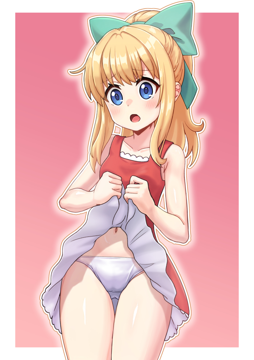 1girl android blonde_hair blue_eyes blush breasts capcom clothes_lift collarbone crotch_seam dress dress_lift els_(ljhlee12) embarrassed green_ribbon hair_ribbon loli long_hair looking_at_viewer mega_man_(classic) mega_man_(series) navel open_mouth panties pink_background ponytail red_dress ribbon robot roll_(mega_man) sidelocks sleeveless sleeveless_dress small_breasts standing underwear white_panties
