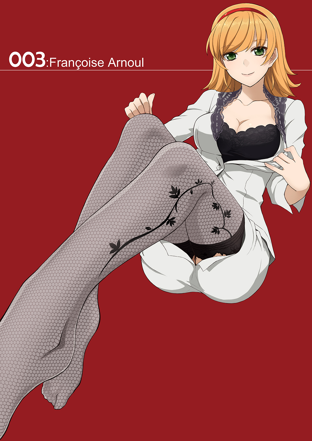 009_re:cyborg 10s 1girl black_bra blonde_hair bra breasts character_name cleavage cyborg_009 feet female_focus fishnet_thighhighs fishnets floral_print foot_focus foreshortening francoise_arnoul green_eyes hairband highres long_hair looking_at_viewer plantar_flexion prime_(prime_tw) print_thighhighs red_background simple_background smile solo thighhighs underwear