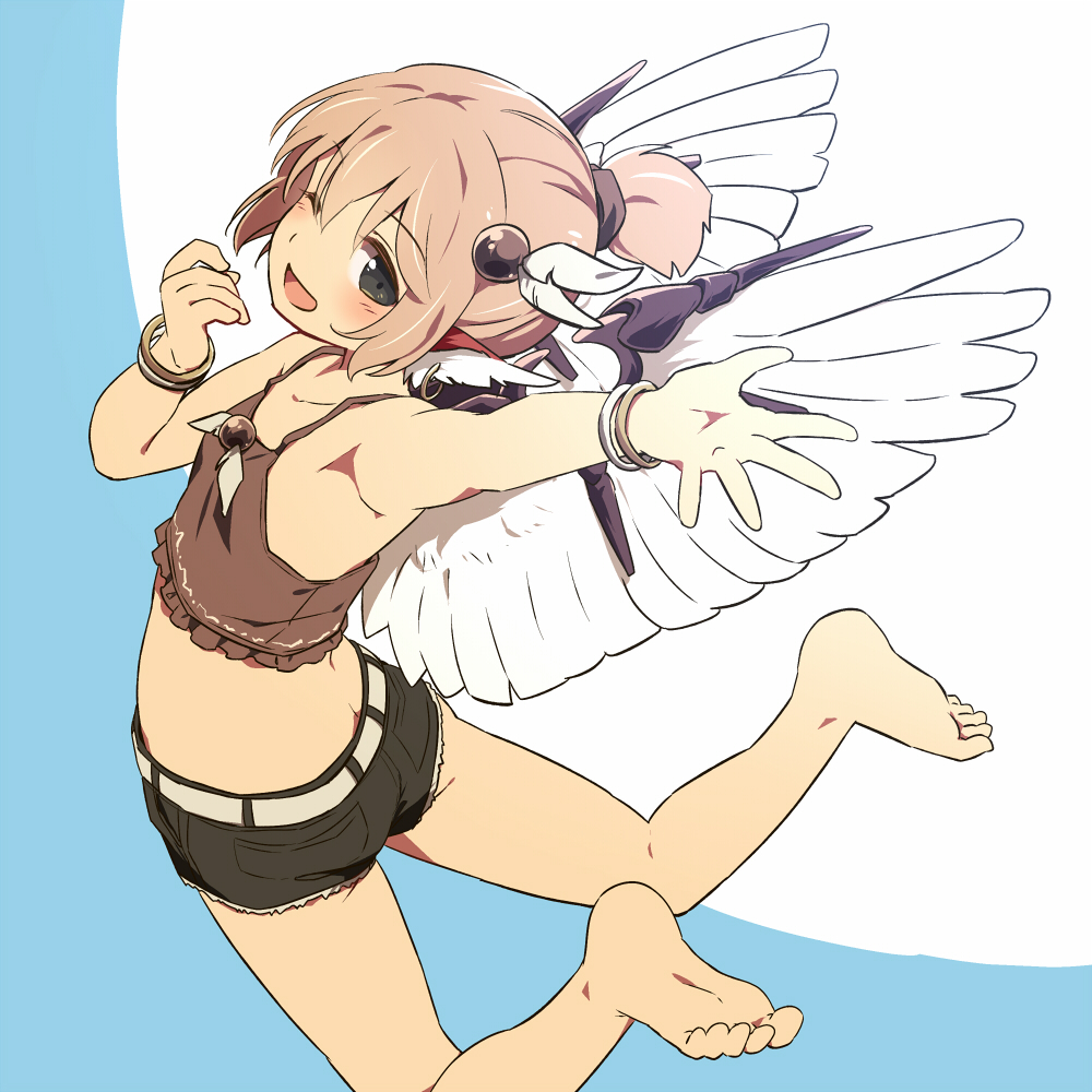1girl adapted_costume armpits bare_arms bare_legs barefoot bird_wings black_eyes black_shorts blue_background bracelet crop_top earrings female_focus hair_ornament jewelry looking_at_viewer mystia_lorelei one_eye_closed outstretched_arm pink_hair ponytail short_ponytail short_shorts shorts smile solo touhou white_background wings yudepii