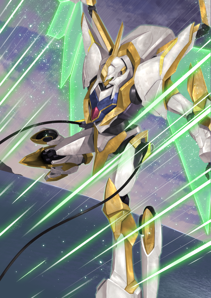 cable code_geass code_geass:_fukkatsu_no_lelouch energy_wings flying green_eyes knightmare_frame lancelot_(code_geass) lancelot_sin laser looking_down mecha no_humans robot science_fiction sky solo star_(sky) starry_sky tsubasansan