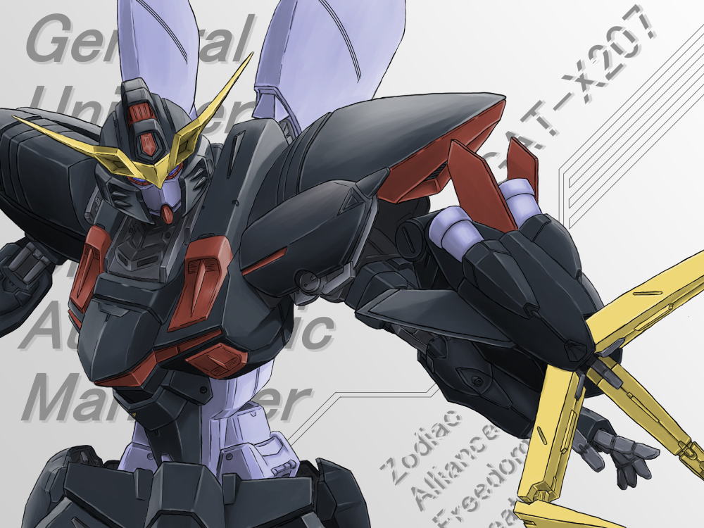 bad_id bad_pixiv_id battasarada blitz_gundam claws gradient_background gundam gundam_seed mecha no_humans robot solo striped_background