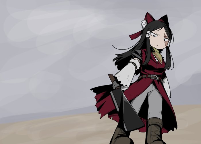1girl belt black_eyes black_hair boots bow breasts brown_belt brown_boots brown_scarf burn_scar cleaver closed_mouth coat commentary cookie_(touhou) detached_sleeves frown full_body grey_background grey_pants grey_shirt hair_bow hakurei_reimu holding holding_cleaver long_hair looking_at_viewer medium_breasts nekocookie114 pants red_bow red_coat scar scar_across_eye scar_on_face scarf shirt short_sleeves sidelocks sleeveless sleeveless_coat solo standing touhou v-shaped_eyebrows white_sleeves yuki_haruka