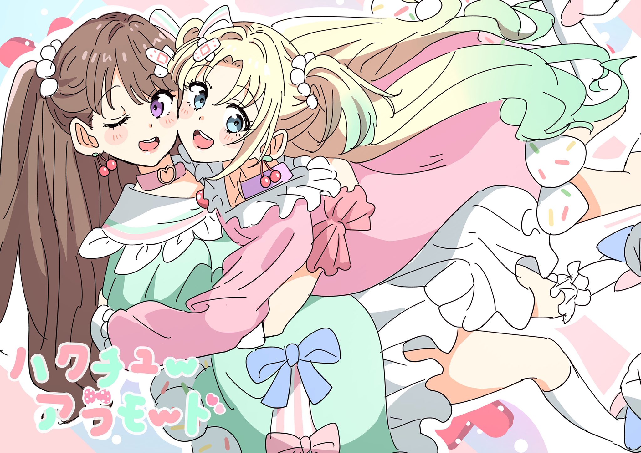 2girls :d ;d abstract_background animal_slippers aqua_dress aqua_hair bandaid bandaid_hair_ornament bien_(djpwjd1) blonde_hair blue_eyes blush bow brown_hair cheek-to-cheek cherry_earrings choker commentary dress earrings feet_out_of_frame floating_hair food-themed_earrings food_themed_earrings frilled_dress frills fujishima_megumi gradient_hair hair_bobbles hair_bow hair_ornament hakuchu_a_la_mode heads_together heart heart_o-ring heart_ring_choker highres hug jewelry kneehighs link!_like!_love_live! long_hair long_sleeves looking_at_viewer love_live! mira-cra_park! multicolored_hair multiple_girls o-ring o-ring_choker one_eye_closed open_mouth osawa_rurino outline parted_bangs pink_dress purple_eyes short_sleeves slippers smile socks teeth twintails two_side_up upper_teeth_only very_long_hair virtual_youtuber white_bow white_outline white_slippers white_socks