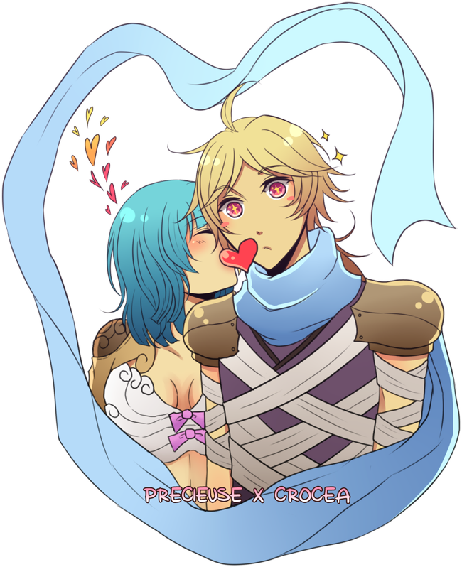 1boy 1girl ahoge armor assassin_(ragnarok_online) bandages bandages_over_clothes blonde_hair blue_hair blue_scarf blush bow bow_bra bra breasts brown_jacket closed_mouth heart hetero jacket kiss kissing_cheek long_sleeves medium_breasts pauldrons pink_background pink_eyes purple_shirt ragnarok_online rinslette scarf shirt short_hair shoulder_armor simple_background sleeveless sleeveless_shirt thief_(ragnarok_online) transparent_background underwear upper_body white_bra
