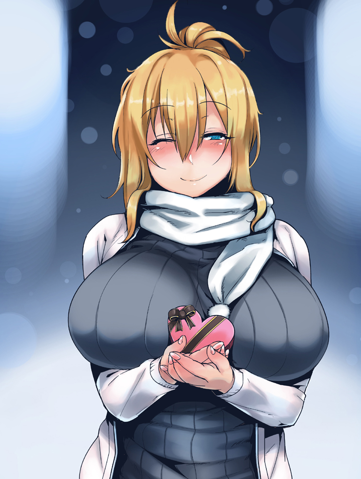 1girl blonde_hair breasts chocolate high_ponytail large_breasts one_eye_closed original ponytail scarf tabigarasu_(mahjong_yuugen_gaisha_58) valentine