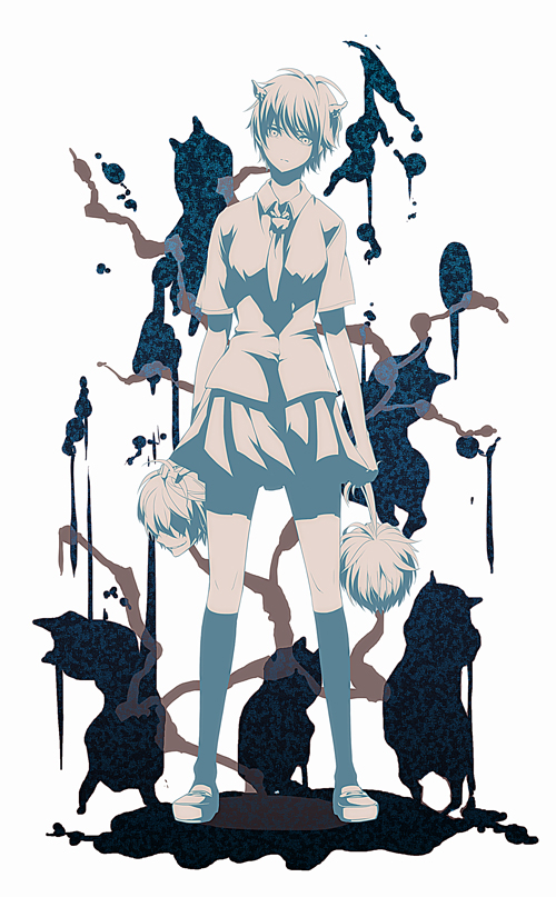 .flow 1girl bad_id bad_pixiv_id blood female_focus holding horns looking_at_viewer monochrome necktie olmatown rust_(.flow) sabitsuki school_uniform severed_head short_hair short_sleeves skirt solo spoilers standing