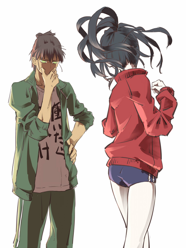 1boy 1girl black_hair blue_buruma brown_hair buruma dark-skinned_male dark_skin green_jacket green_pants jacket kyousai leuco long_hair nurarihyon_no_mago open_clothes open_jacket pants ponytail red_jacket shirt simple_background standing torii_natsumi track_jacket track_pants track_suit white_background white_shirt