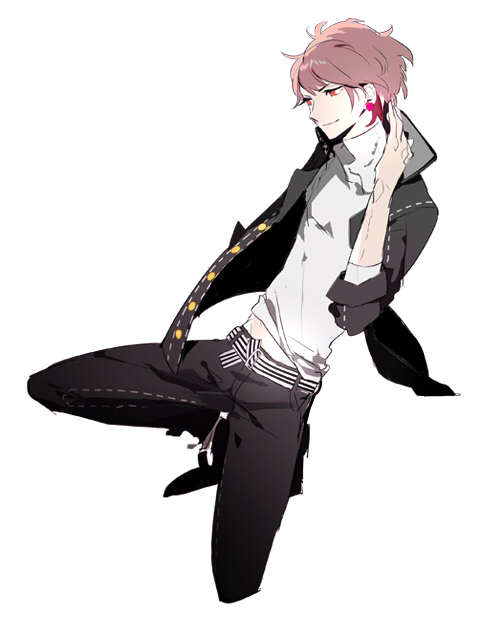 1boy atlus bad_anatomy bad_id bad_pixiv_id belt brown_hair earrings genderswap genderswap_(ftm) jacket jewelry kujikawa_rise male_focus persona persona_4 red_eyes serori smile solo