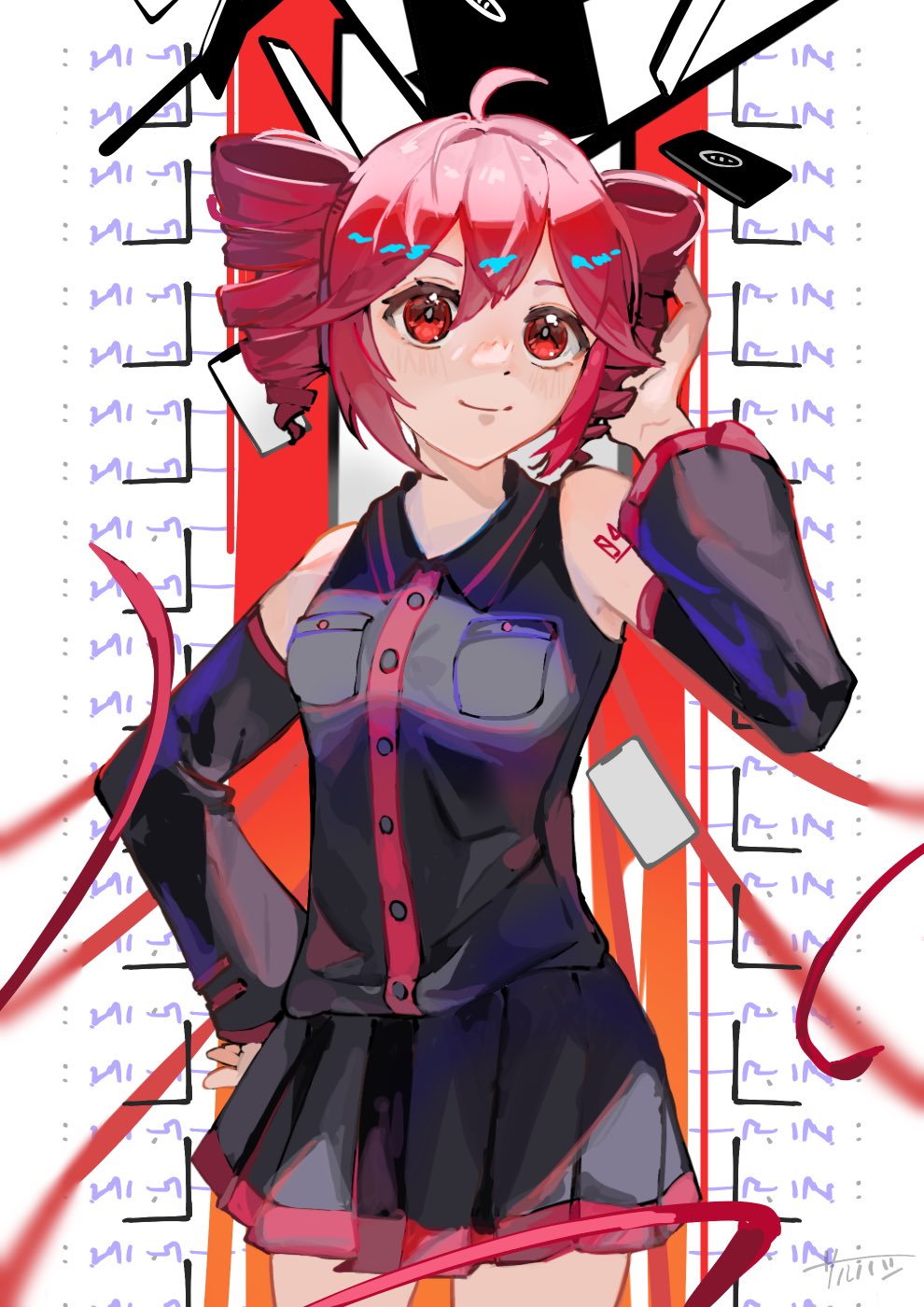 1girl ahoge black_skirt black_sleeves breast_pocket buttons cellphone collared_shirt cowboy_shot detached_sleeves drill_hair hair_between_eyes hand_on_own_hip hand_up highres kasane_teto kasane_teto_(utau) miniskirt orange_background phone pocket red_eyes red_hair red_tattoo rnp_02 shirt shoulder_tattoo skirt skirt_set sleeveless sleeveless_shirt smartphone smile solo tattoo twin_drills utau white_background